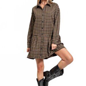 Shop Stevie black and tan plaid midi dress with a ruffle hem